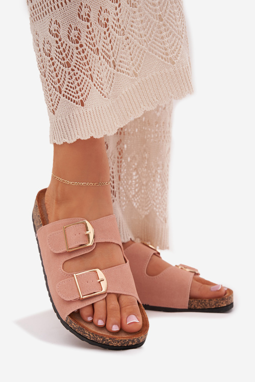 Жіночі сандалі на корковій платформі з золотими пряжками рожеві Lisavionea