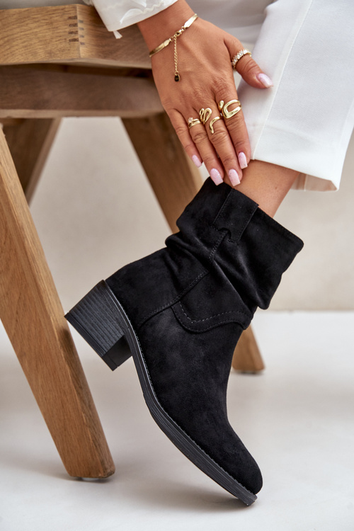 Теплі жіночі ботильйони з присборенным верхом на невисокому каблуці чорні Zinanya