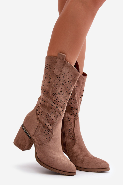 Жіночі ковбойські чоботи з вирізами на каблуці, еко-замшеві, коричневі S.Barski HY42-028