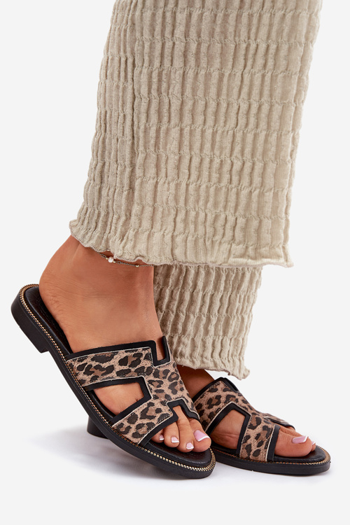 Шкіряні Плоскі Сандалі З Леопардовим Малюнком Zazoo 40383 Чорні
