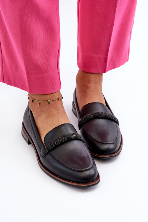 Жіночі шкіряні мокасини з декоративним ремінцем Black Saosin