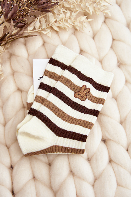 Шкарпетки жіночі в смужку з кроликом кремово-коричневі
