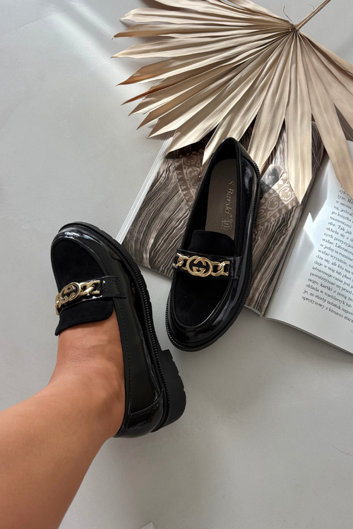 Лаковані жіночі мокасини з золотою прикрасою S.Barski HY52-540 Чорний