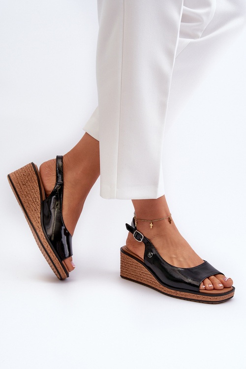 Жіночі лаковані босоніжки на танкетці Sergio Leone SK301 Чорні