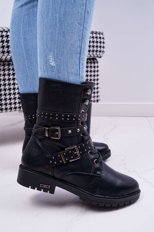 Жіночі високі чоботи на плоскому каблуці чорні Emenbar