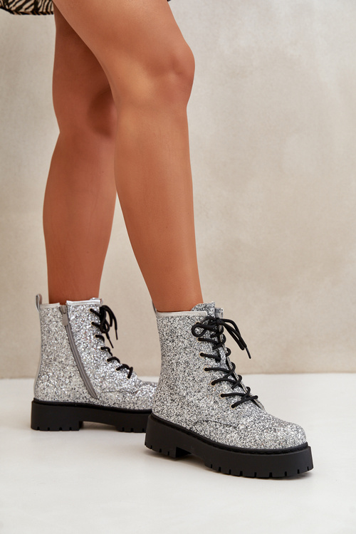 Ботильйони утеплені робочі жіночі прикрашені блискітками сріблястого ліатеїну