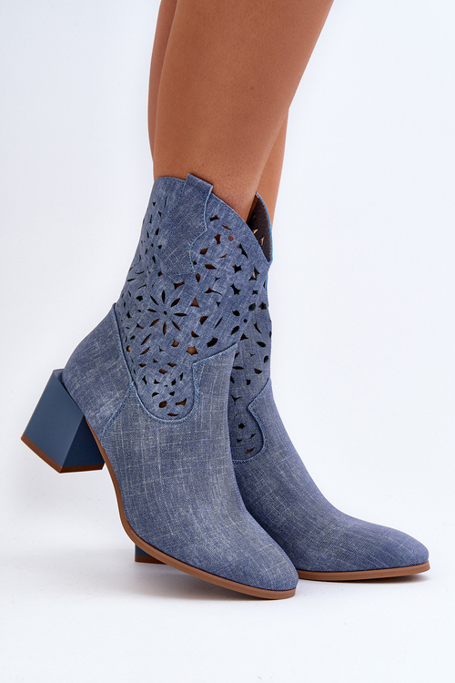 Джинсові чоботи з гратчастим верхом на блочному каблуці Blue Irvelame