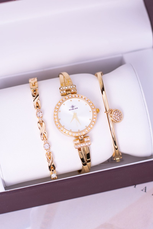 Золотий жіночий годинник Michael John Set з цирконами та двома браслетами