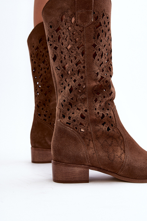 Ажурні жіночі чоботи Zazoo 3403 на низькому каблуці коричневі