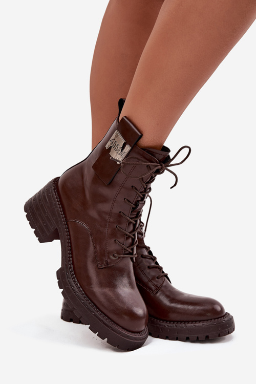 Шкіряні жіночі робочі ботфорти на каблучку з декоративним елементом Artiker 57C0213 коричневі