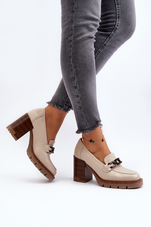 Човники на масивному каблуці з бежевим декором Oradna