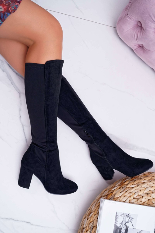Жіночі чоботи на шпильці замшеві з лайкрою чорні машини