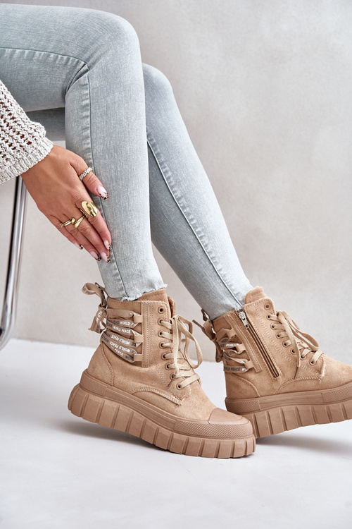 Чоботи жіночі на платформі з декоративною шнурівкою Edidda коричневого кольору