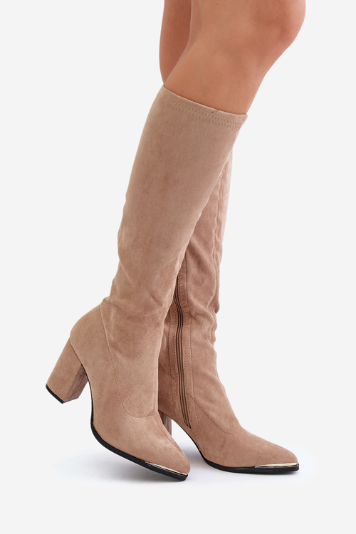 Еко-замшеві чоботи на блочному каблуці, бежевий батира