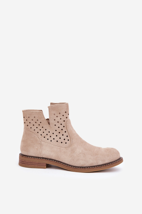 Чоботи На Плоскому Каблуці З Перфорованою Шкірою Світло-бежеві Elivaya