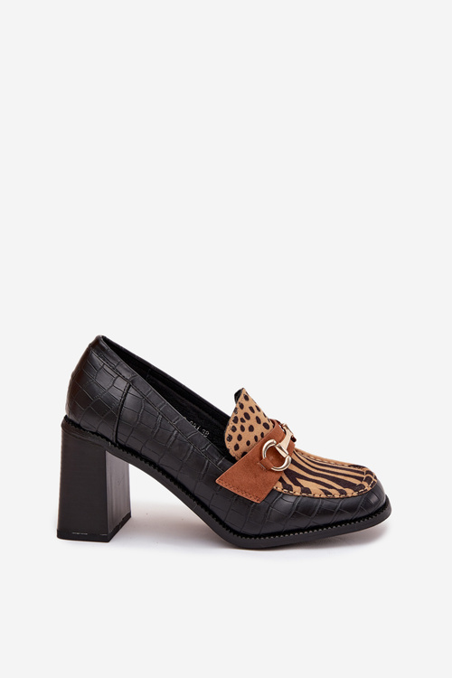 Жіночі туфлі на низькому каблуці з тисненням і золотим деталлю Чорно-бежеві Новелла