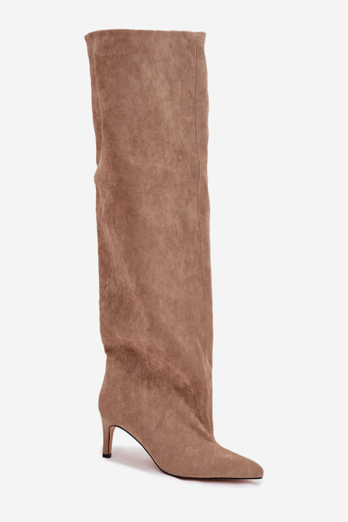 Жіночі чоботи на високому каблуці без застібки бежеві Mavilla