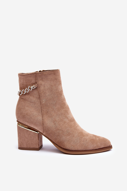 Замшеві чоботи на підборах з ювелірним декором темно-бежевого жадіреля