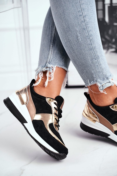 Шкіряні кросівки на танкетці Vinceza 7777 чорно-золоті