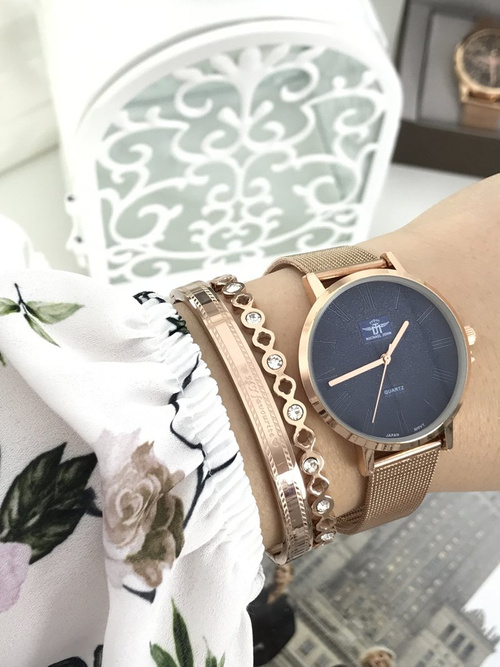 Жіночий годинник Michael John Elis з рожевим золотом / темно-синім циферблатом