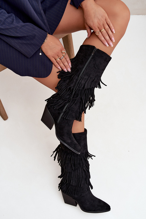 Обігрівані Шкіряні Ковбойські Черевики Жіночі З Пір'ям Чорний Brivina