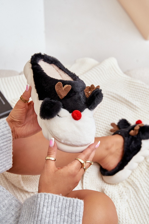 Жіночі хутряні тапочки з мотивом північного оленя. Чорні Wistira