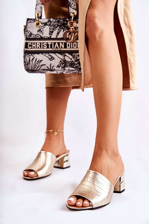 Шкіряні жіночі тапочки Крокодиловий візерунок На Каблуку Gold Perry