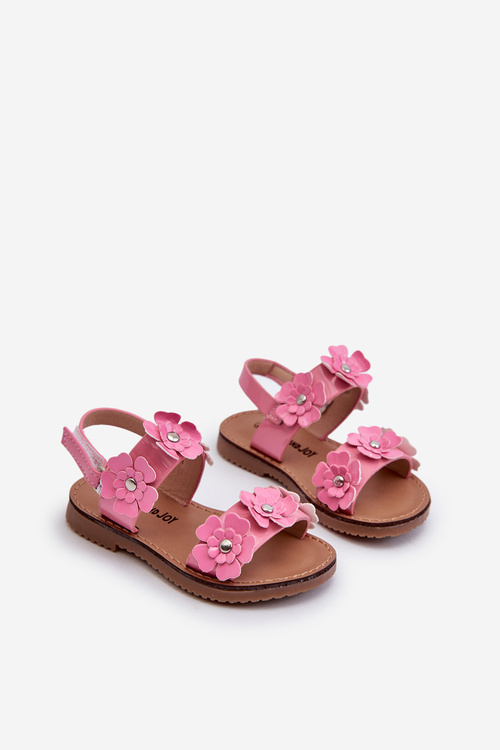 Рожеві лаковані дитячі босоніжки Tinette, прикрашені квітами