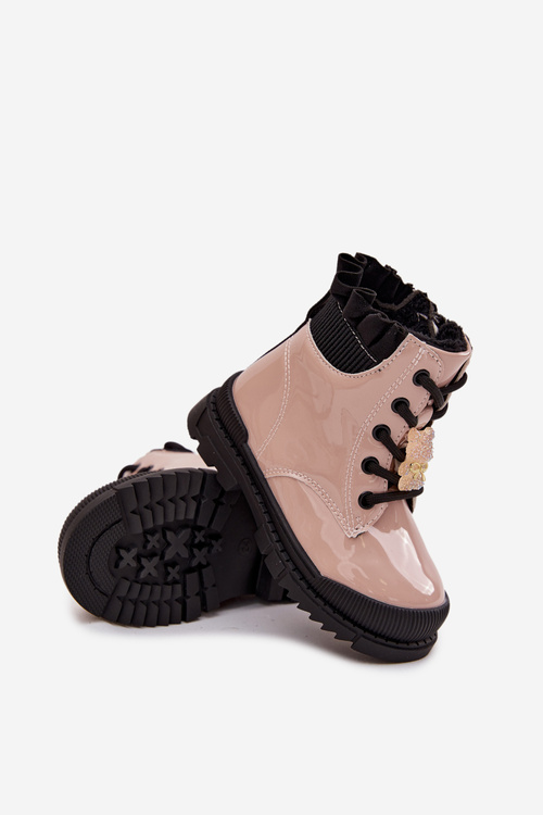 Лаковані дитячі чоботи утеплені з кліпсою ведмедик бежевий Fionessa