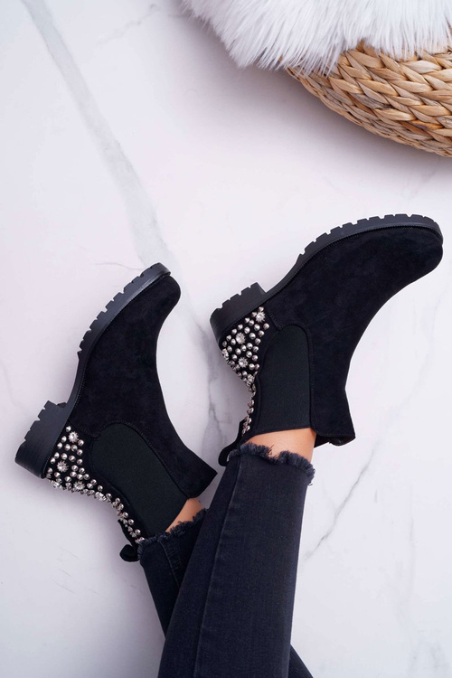 Жіночі чоботи на плоскій підошві, металеві шпильки, чорні бінарні