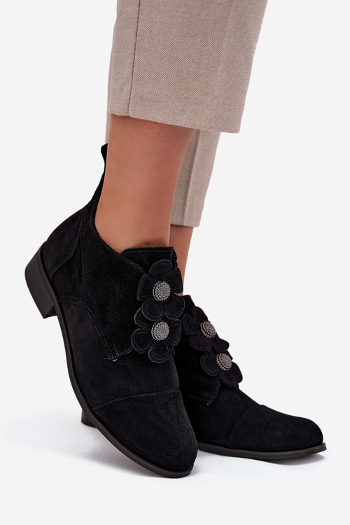 Замшеві жіночі мокасини з декоративними квітами Zazoo 3080 Чорні