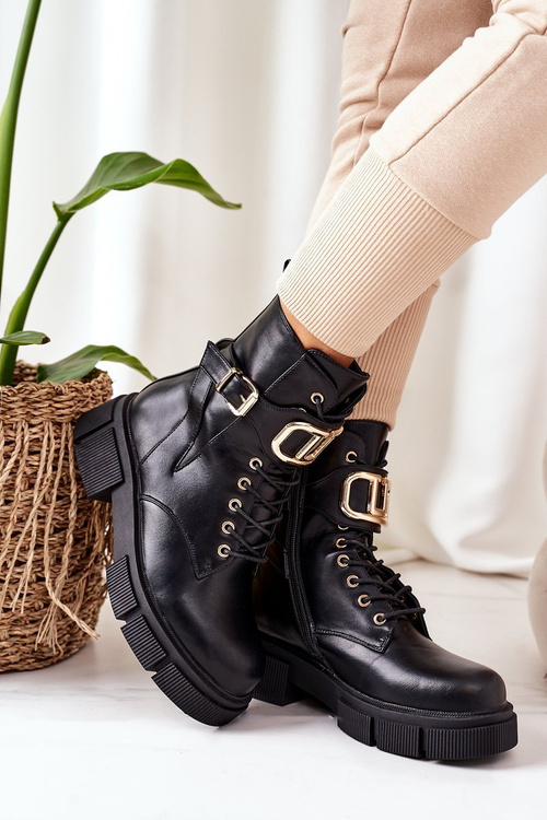 Утеплені черевики із золотою пряжкою Чорні Maybelle
