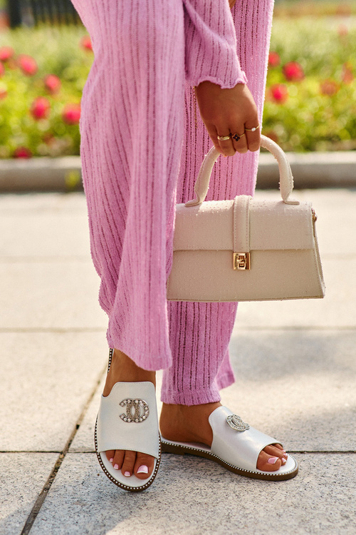 Елегантні жіночі блискучі тапочки з декором S.Barski KV27-050 срібло