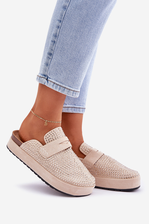 Жіночі сандалі, прикрашені цирконіями на платформі бежеві Deorani