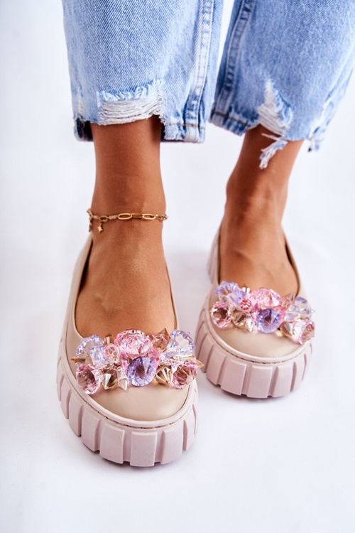 Шкіряні балетки на платформі з барвистим орнаментом, бежеві ладетти