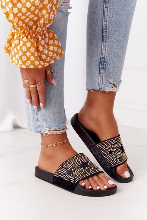 Жіночі гумові тапочки зі стразами Чорні Edie