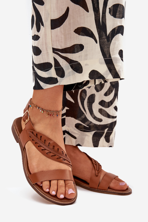 Жіночі сандалі з натуральної шкіри на плоскому каблуці Zazoo 3564 Camel