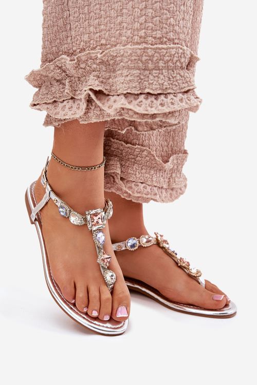 Жіночі Сандалі На Плоскому Каблуці З Кристалами Срібні Fiolalia