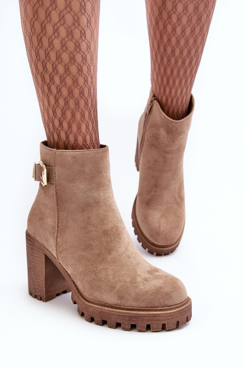 Жіночі замшеві чоботи на каблуці з декором бежеві менорії