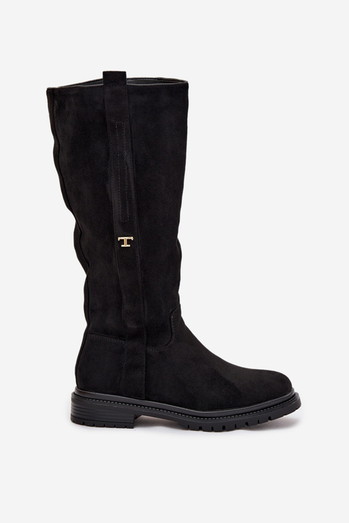 Жіночі утеплені чоботи на плоскій підошві Еко замш чорні Delyssa