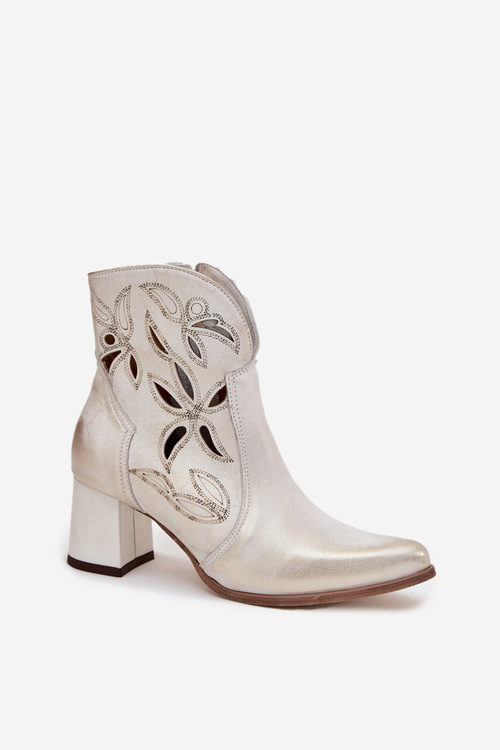 Шкіряні Витравлені Жіночі Чоботи На Каблуці Zazoo 3647 Золото Витертій