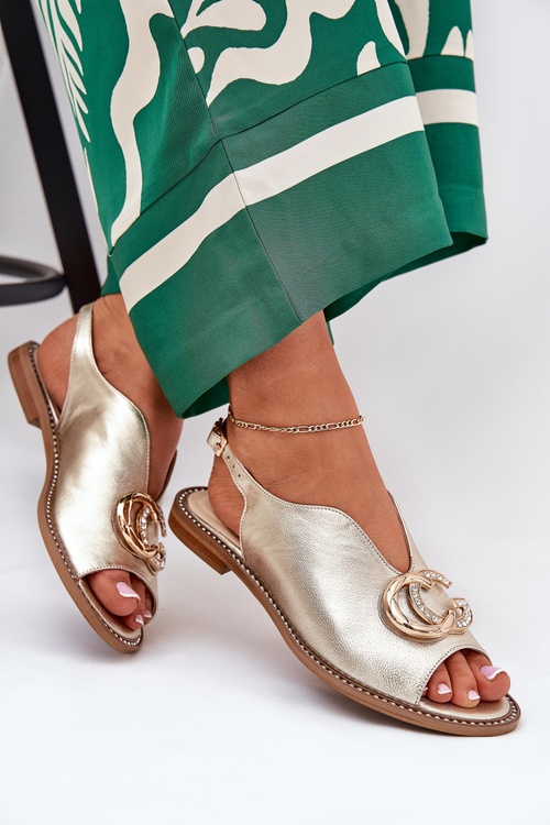 Шкіряні Сандалі На Плоскому Каблуці З Декором Лаура Мессі 2865 Золоті