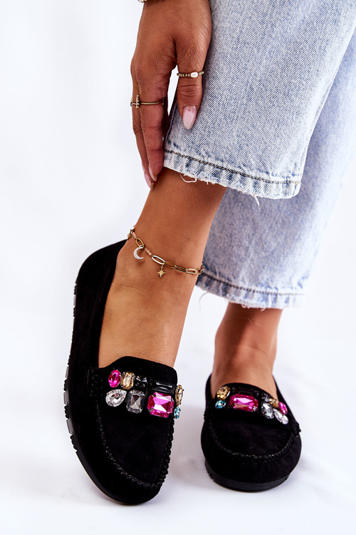 Жіночі замшеві лофери з декором чорні Janetta