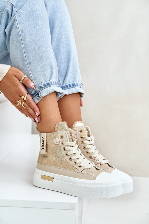 Жіночі високі кросівки на платформі бежево-золоті Averira