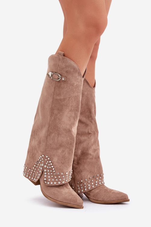 Чоботи З Загнутим Хутром На Каблуці Темно-бежеві Iveliri