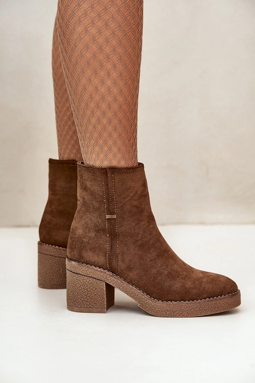 Жіночі чоботи на підборах утеплені еко замша коричневого кольору Arkesia