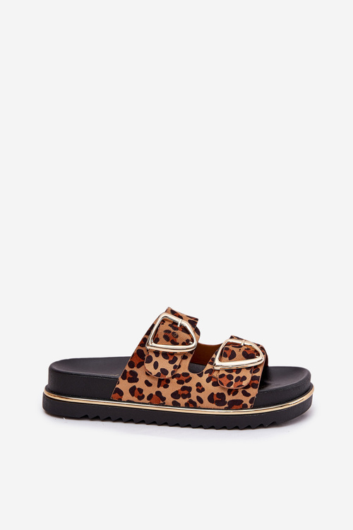 Жіночі сандалі на платформі з леопардовим принтом і золотими пряжками коричневі Tersele