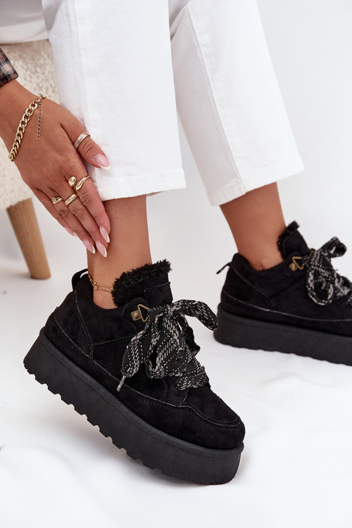 Шнурівка Жіночі Снігові Черевики На Платформі Обігріті Мехом Чорні Tavelle