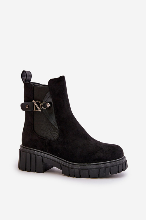 Теплі жіночі черевики з золотистими деталями, еко-замша чорного кольору Bervena