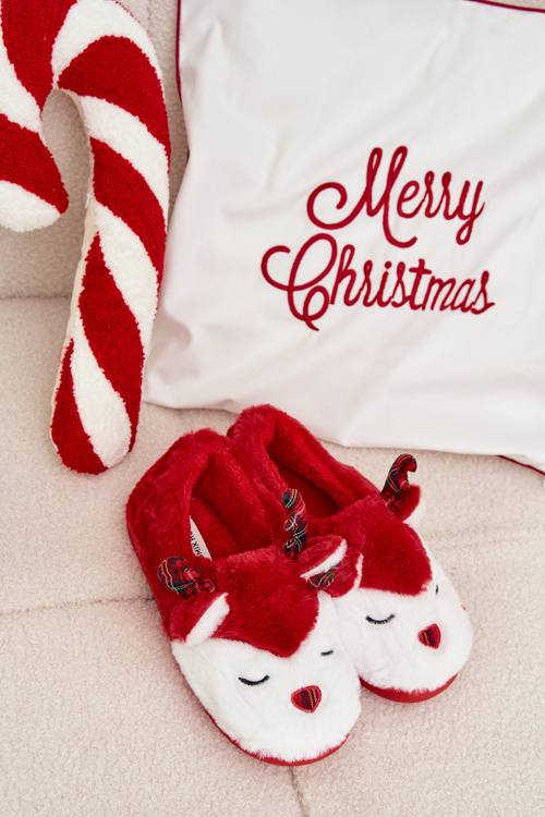 Новорічні домашні тапочки жіночі з мотивом оленя хутряні червоні Orsella